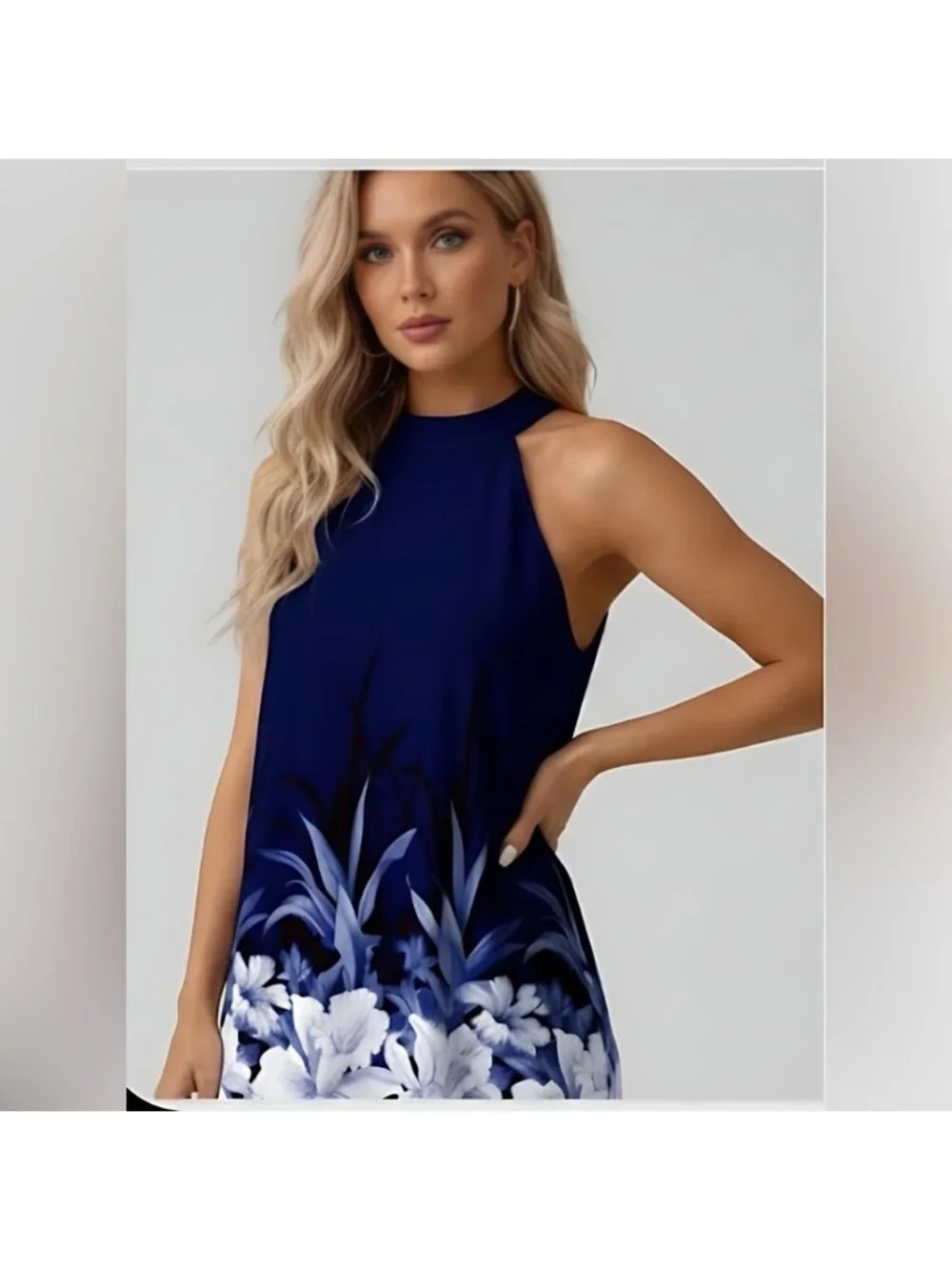 Boho Floral Print A-Line Halterneck Dress Blue - Picture 2 of 9